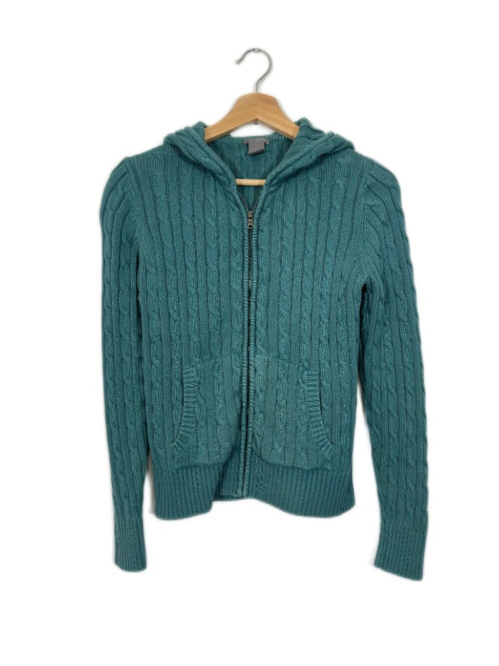 Ann Taylor Women's Cable Knit Hooded Cardigan Small Teal Casual Preppy Cozy Soft